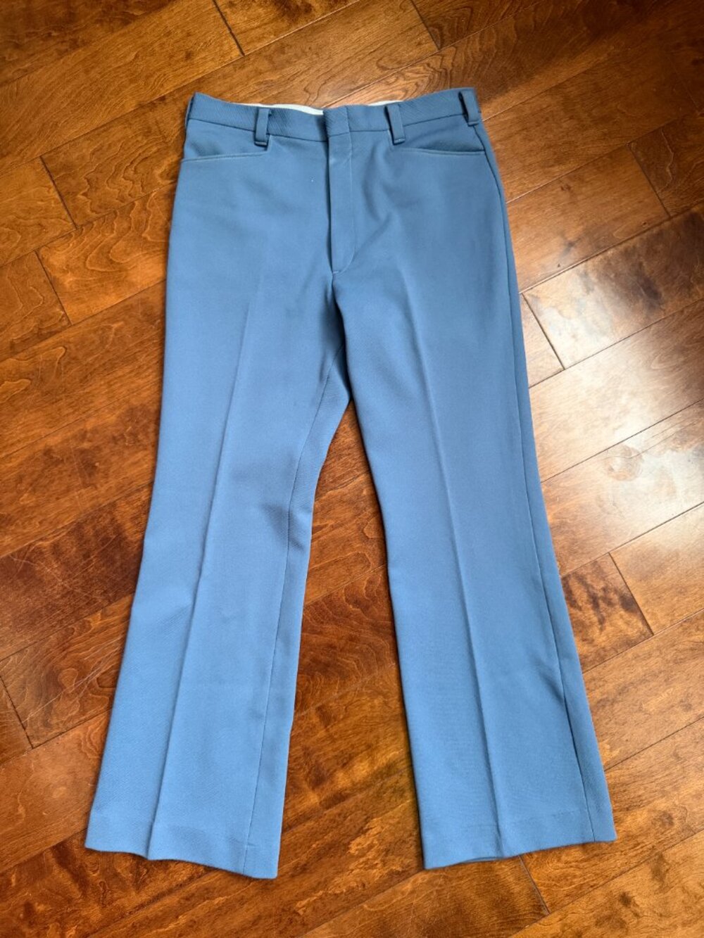 Tobias Bell Bottom Trousers, Vintage 70s Slate Blue Polyester 32x30